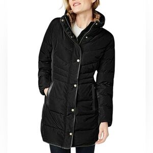 Cole Haan Puffer Coat Down Filled Faux Fur Collar Hidden Hood Blk Sz M Like New